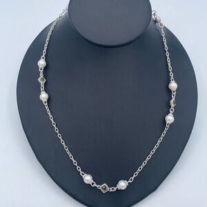 Judith Ripka Pearl & Champagne Quartz Station Necklace Sterling Silver 20”